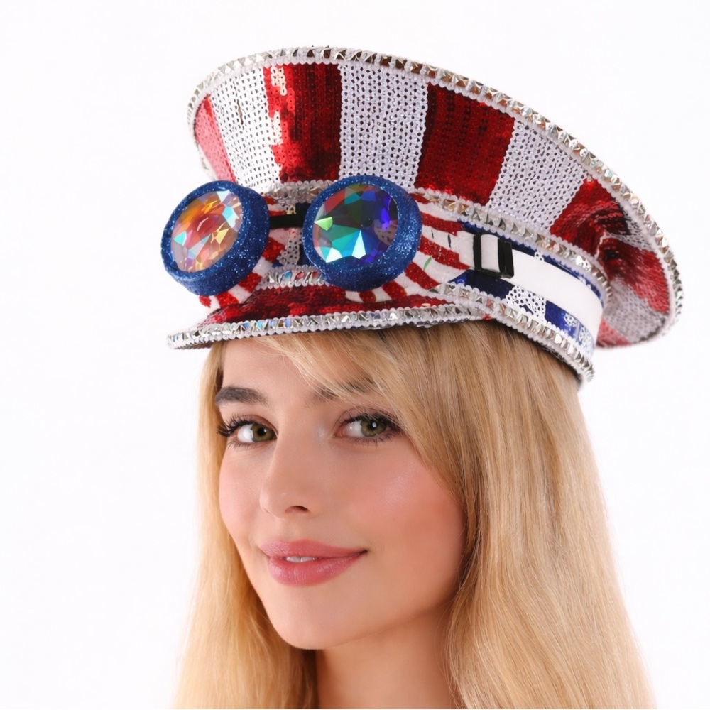 Nu Shuz Costumes Patriotic Red, White, Blue Sequin Captain Hat w/Goggles